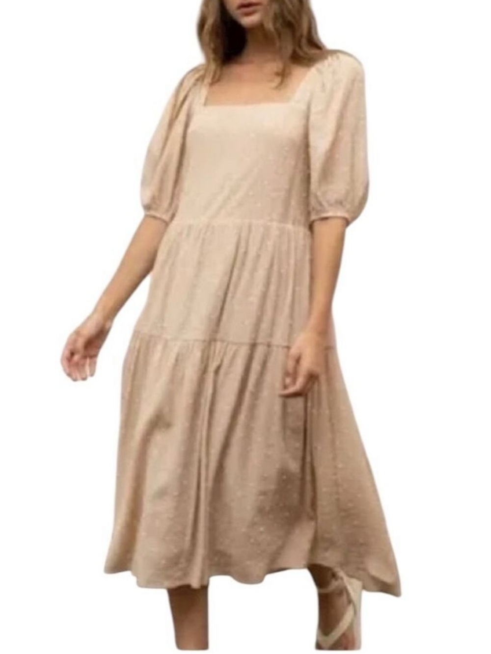 Moon River Tiered Clip Dot Midi Dress Beige Size XS